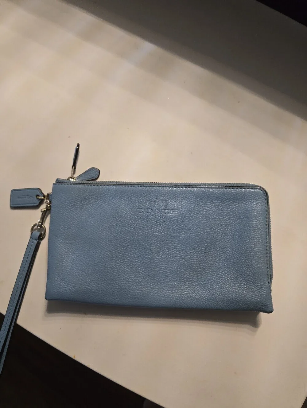 Coach Light Blue Double Leather Wristlet